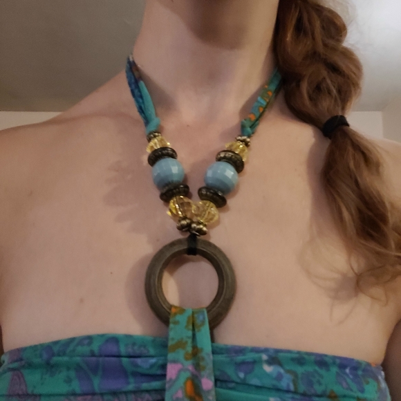 Halter maxi dress- Teel Medium. Beads. - Picture 3 of 7